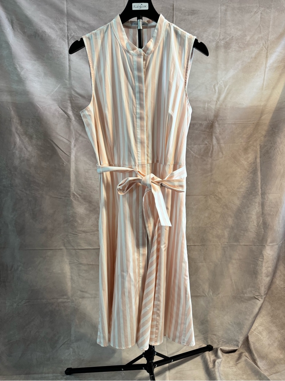 Calvin Klein Women’s Size 8 Blush Pink White Striped Belted Midi Dress